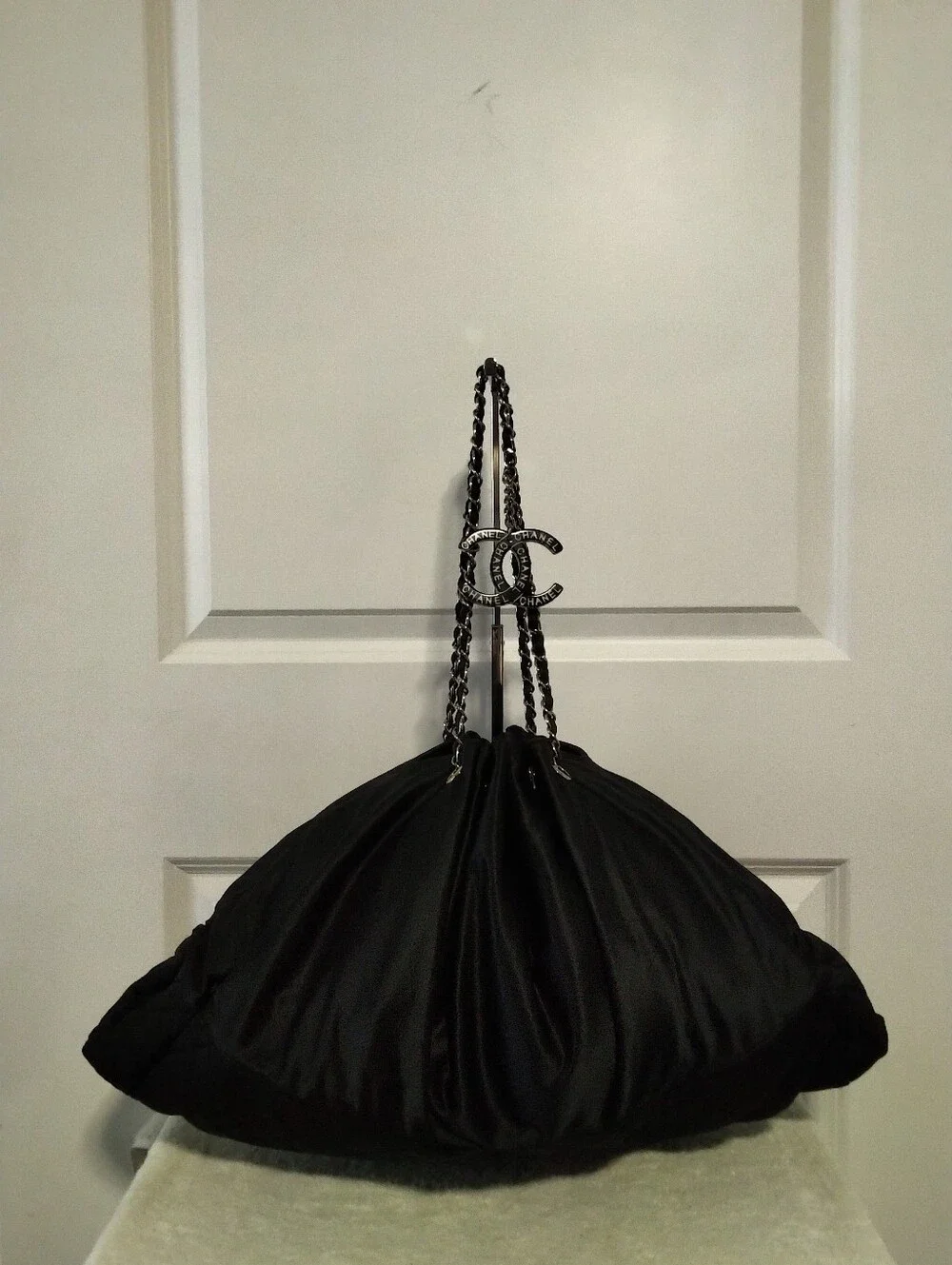 Authentic Chanel Melrose Cabas Black Satin Tote